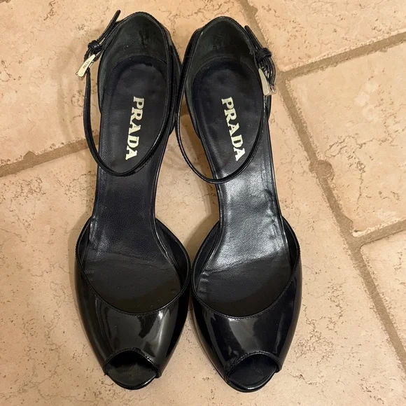 Prada | Shoes | Prada Womens Glossy Black Peeptoe Heels  display picture 1